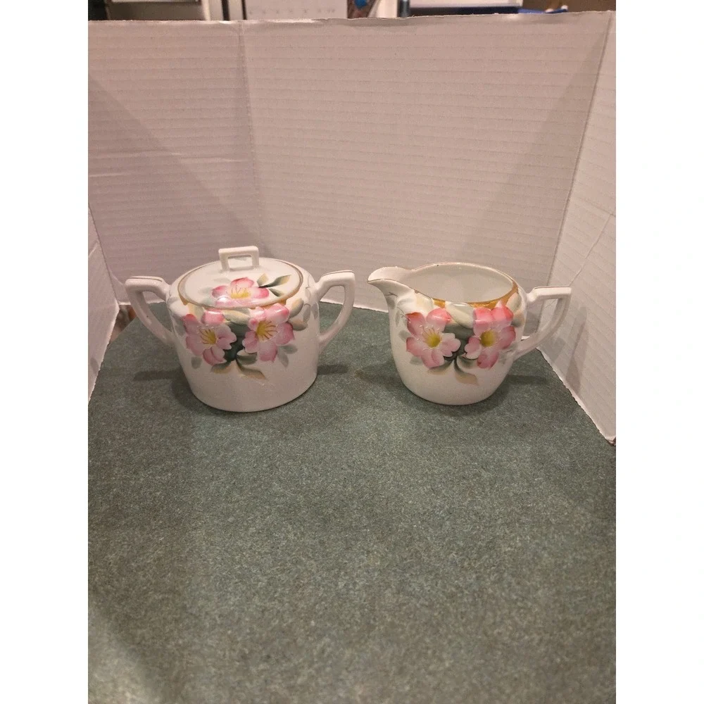 Vintage Noritake AZALEA Sugar Bowl w/ Lid & Creamer Hand Painted Pink Flowers